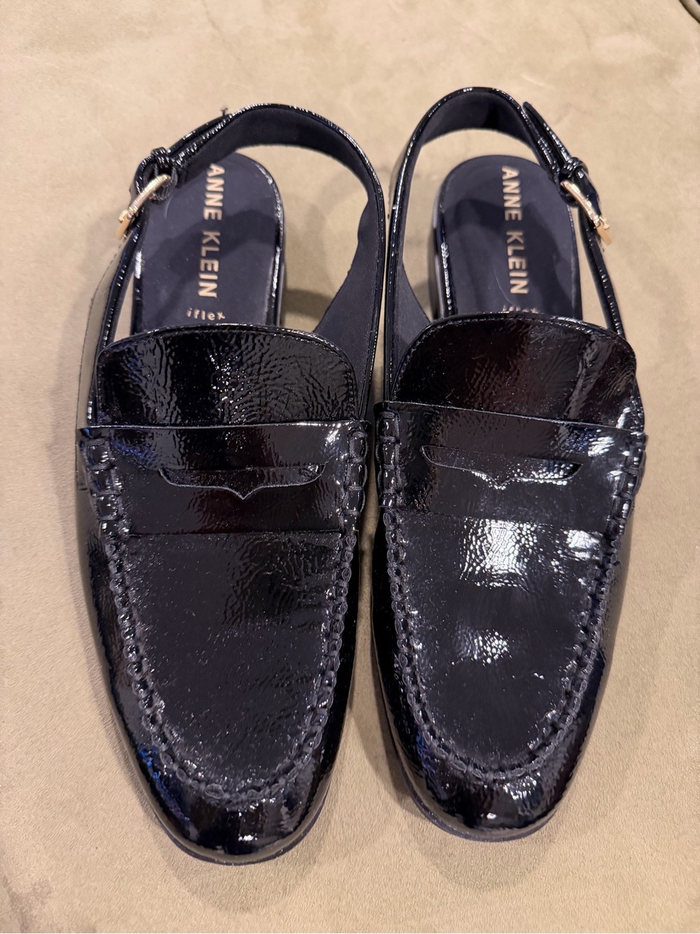 Anne Klein Black Patent Leather Slingback Loafers